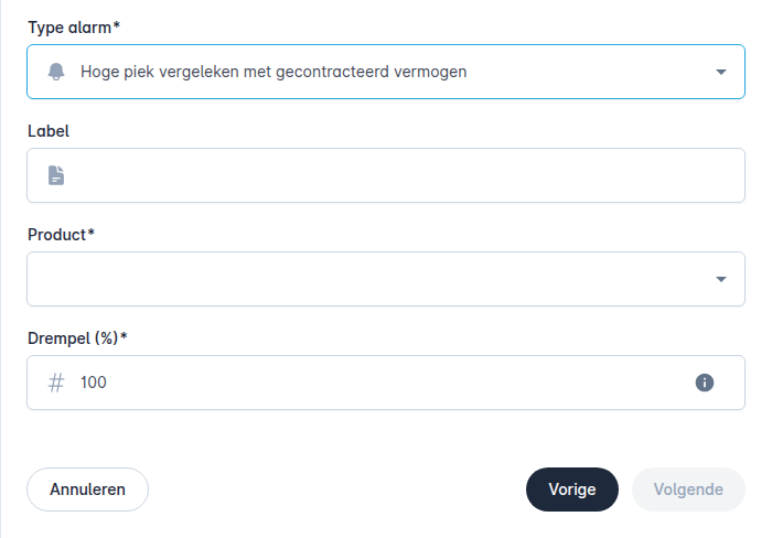 Alarmconfiguratie voor "Hoge piek vergeleken met gecontracteerd vermogen"
