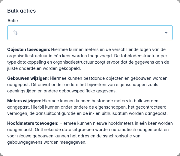 Het venster Bulk acties met de keuzelijst Actie