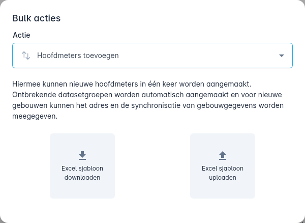De actie Hoofdmeters toevoegen met de knoppen voor downloaden en uploaden
